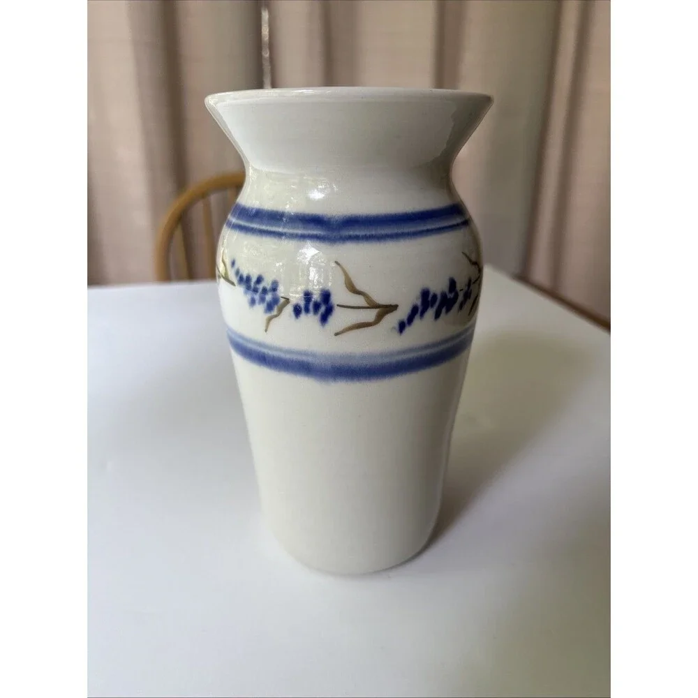 Clay stoneware Vase Floral berries blue Vines CS (??) signed Pottery Studio Art